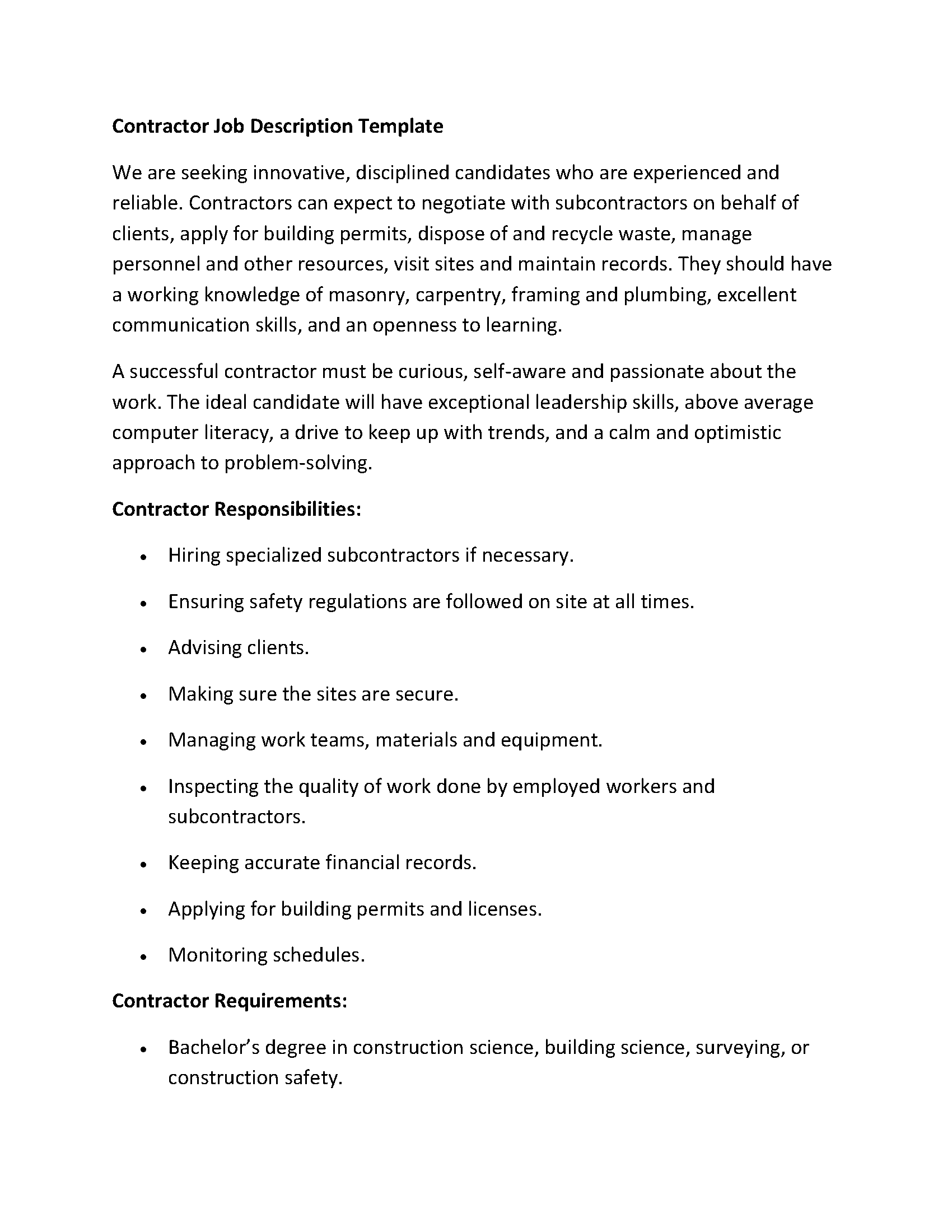 Contractor Job Description Template